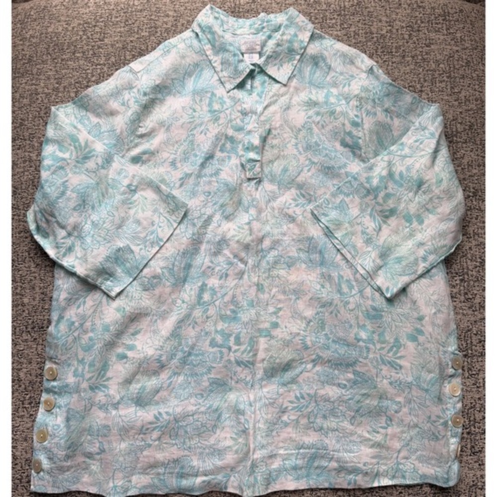 SIGRID OLSEN Linen Shirt Coastal Grandma‎ Beach Blue White Floral Tropical XL